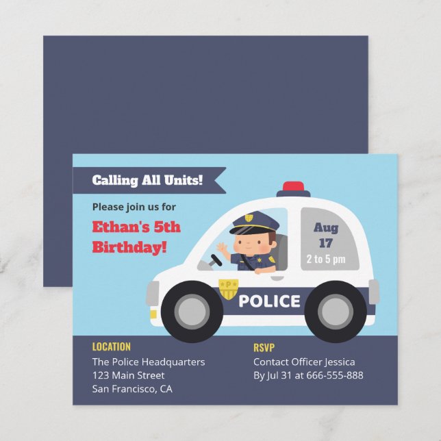 Cute Officer Boy in Police Car Birthday Party Invitation (Front/Back)