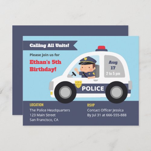 Cute Officer Boy in Police Car Birthday Party Invitation