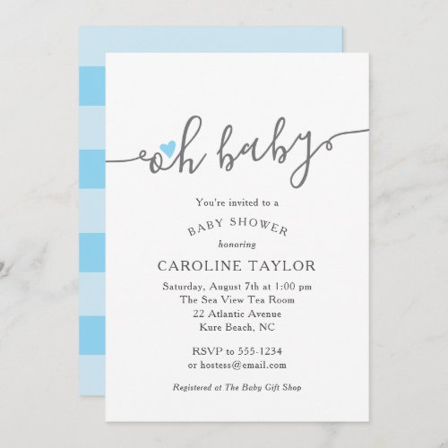 Cute Oh Baby Blue Heart Boy Baby Shower Invitation