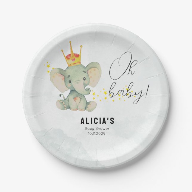 Cute Oh Baby Gender Neutral Elephant Baby Shower Paper Plates (Front)