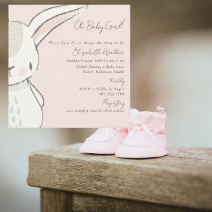 Cute Oh Baby Girl Bunny Pink Square Baby Shower Invitation