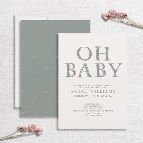 Cute Oh Baby Green Dots Minimal Baby Shower Invitation