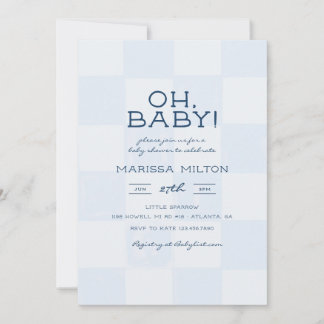Cute Oh Baby Modern Blue Checkered Baby Shower Invitation