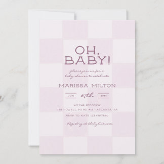 Cute Oh Baby Modern Pink Checkered Baby Shower Invitation