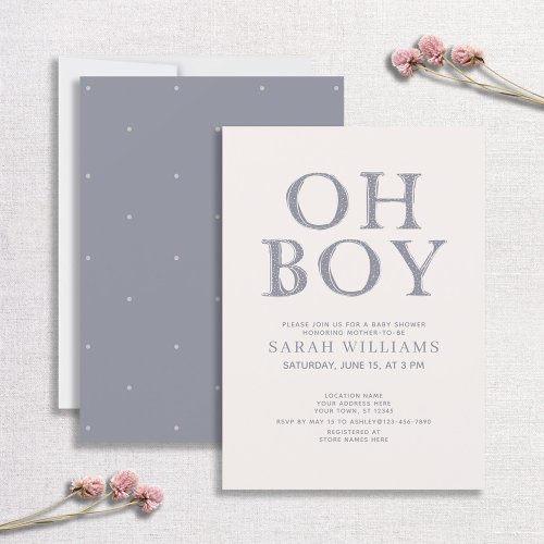 Cute Oh Boy Blue Dots Minimal Baby Shower Invitation