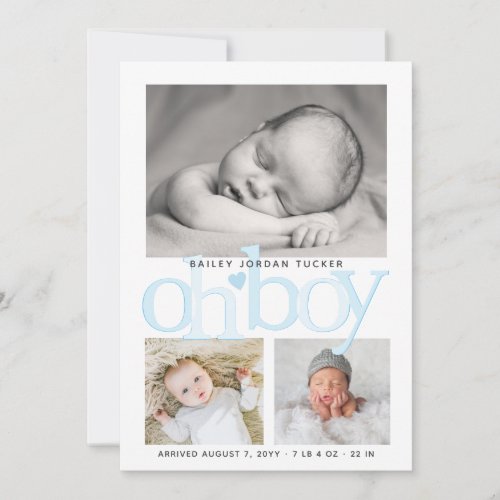 Cute Oh Boy Blue Heart Collage Photo Birth Announcement