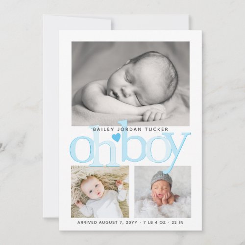 Cute Oh Boy Bright Blue Heart Collage Photo Birth Announcement