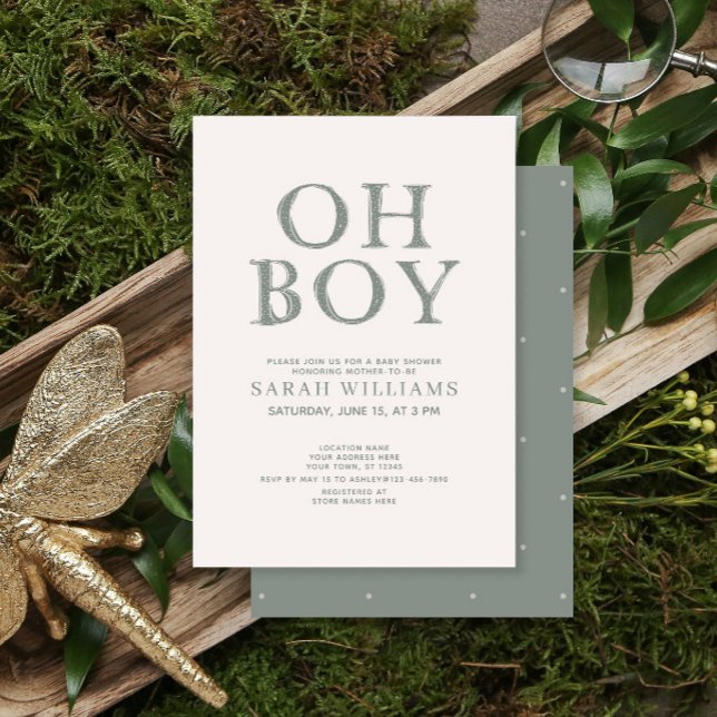 Cute Oh Boy Green Dots Minimal Baby Shower Invitation (Creator Uploaded)