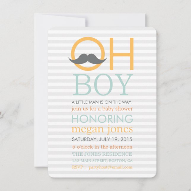Cute Oh Boy Mustache Baby Shower Invitations (Front)
