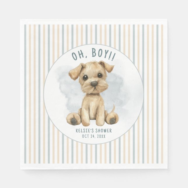 Cute Oh Boy Puppy Blue Baby Shower Napkins (Front)