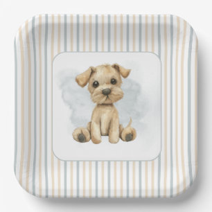 Cute Oh Boy Puppy Blue Baby Shower Paper Plates