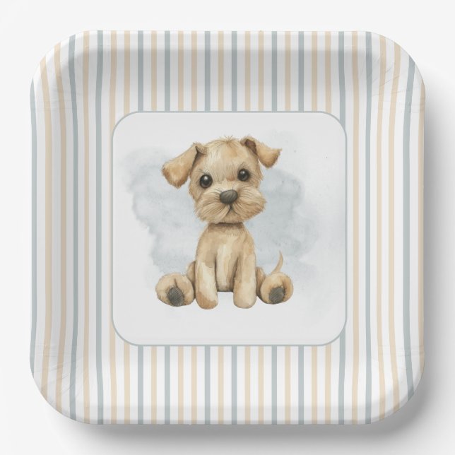 Cute Oh Boy Puppy Blue Baby Shower Paper Plates (Front)