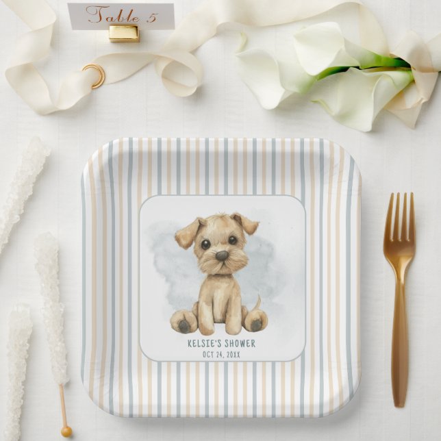Cute Oh Boy Puppy Blue Baby Shower Paper Plates (Wedding)