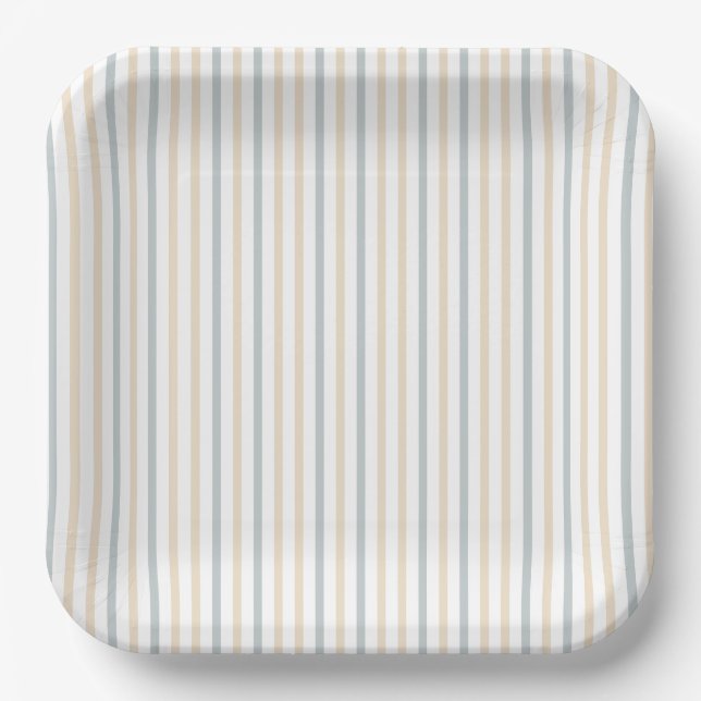 Cute Oh Boy Puppy Blue Striped Baby Shower Paper Plates (Front)