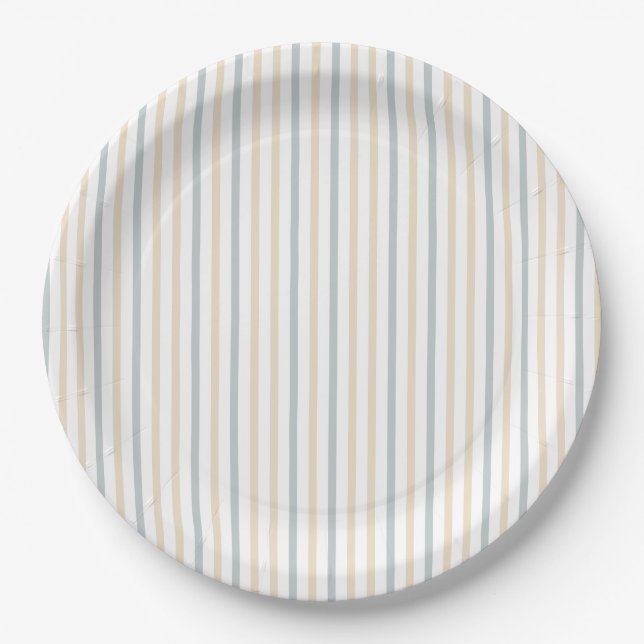 Cute Oh Boy Puppy Blue Striped Baby Shower Paper Plates (Front)