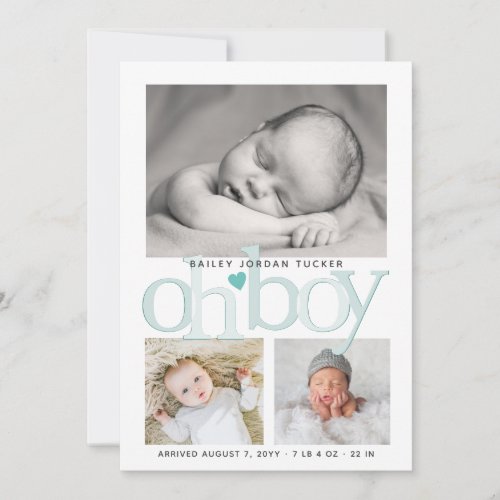 Cute Oh Boy Teal Blue Heart Collage Photo Birth Announcement