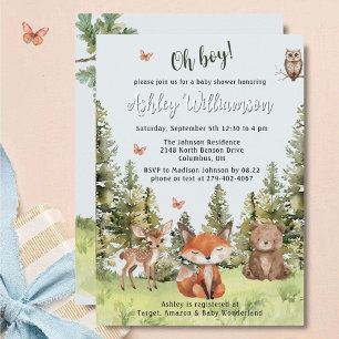 Cute Oh Boy Woodland Animals Greenery Baby Shower Invitation