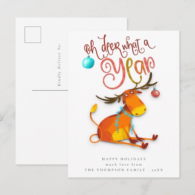Cute Oh Deer What A Year Fun Holiday Postcard (Front/Back)