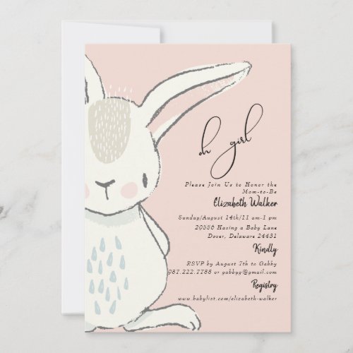 Cute Oh Girl Cute Rabbit Pink Baby Shower Invitation