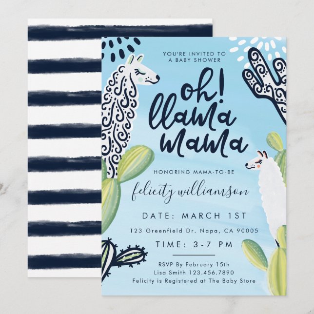 Cute Oh Llama Mama Baby Boy Baby Shower Invitation (Front/Back)