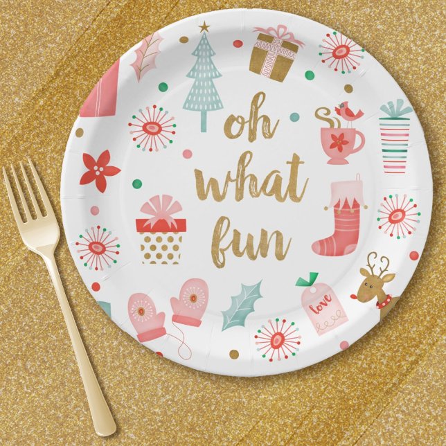 Cute Oh What Fun Christmas Party Paper Plates (A fun and whimsical Christmas party paper plate with the words, Oh What Fun)