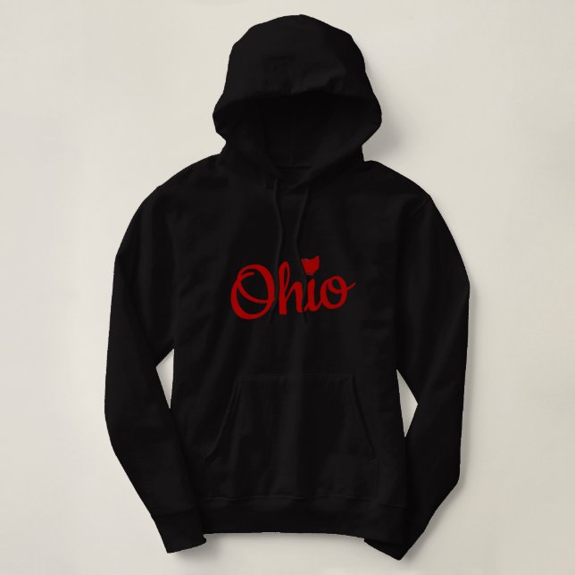 Cute Ohio Red Script OH Map Love Home Buckeye Stat Hoodie (Design Front)