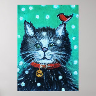 Cute Oil Painting Cat with Bird Christmas Greeting Poster
