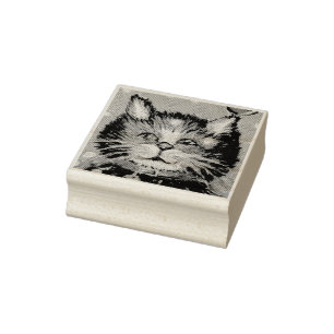 Cute Oil Painting Cat with Bird Christmas Greeting Rubber Stamp