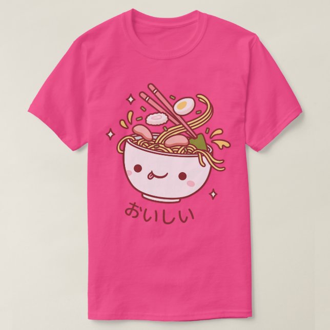 Cute Oishii Japanese Ramen Noodles Spilling Toppin T-Shirt (Design Front)