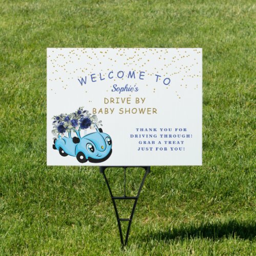 Cute Old Car Blue Floral Boy Baby Shower Drive By Sign