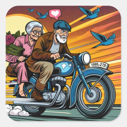 Cute Old Couple on Motorcycle Living Life Square Sticker
