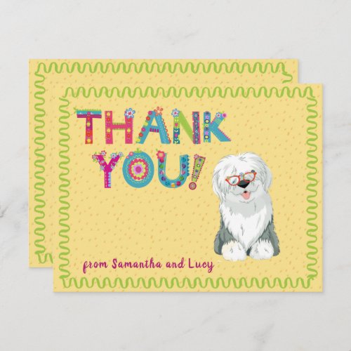Cute Old English Sheepdog Fun Floral Letters    Thank You Card