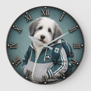 Cute Old English Sheepdog Puppy Large Clock
