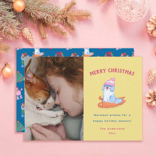 Cute Old English Sheepdog sledge Yellow Christmas  Holiday Card (Creator Uploaded)