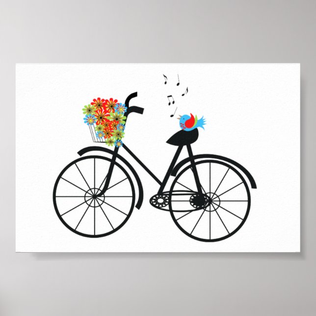 Cute Old Fashioned Bicycle Flowers and Bird Poster (Front)