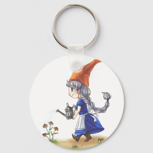 Cute Old Lady Gnome Watering Flowers Keychain