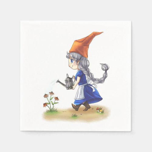 Cute Old Lady Gnome Watering Flowers Napkins