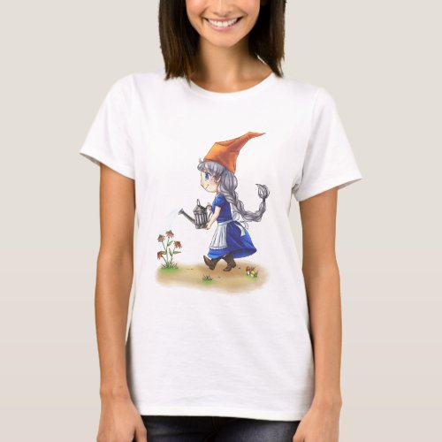 Cute Old Lady Gnome Watering Flowers T_Shirt