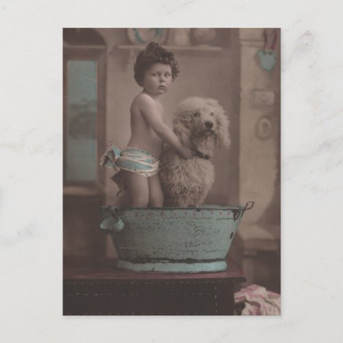 Cute Old Photo Little Kid with Dog In Bathtub Postcard