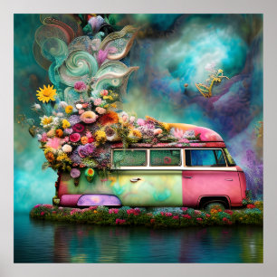 Cute old rusty Combi van flowers lake 1970s hippy Poster