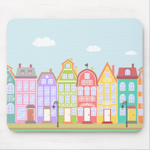 Cute Old Town Cartoon Houses Mousepad
