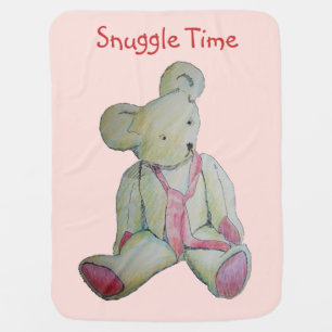 cute old white teddy bear with red ribbon receiving blanket