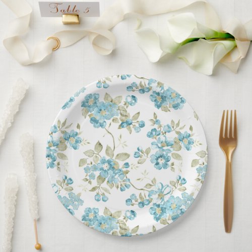 Cute Olive Green Aqua Turquoise Floral Watercolor Paper Plates