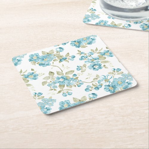 Cute Olive Green Aqua Turquoise Floral Watercolor Square Paper Coaster