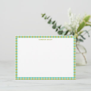 Cute Olive Green Teal Gingham Plaid Personalized Note Card