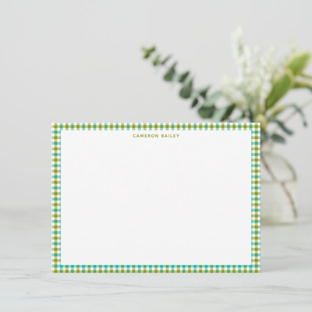 Cute Olive Green Teal Gingham Plaid Personalized Note Card (Standing Front)