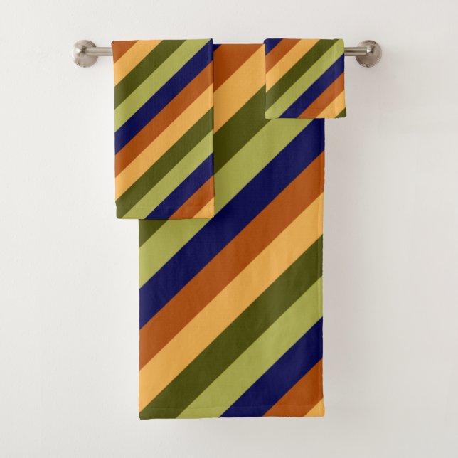 Cute Olive Sage Navy Stripes Bath Towel Set (Insitu)