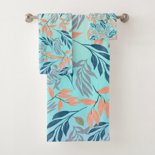 Cute Ombre Blue Orange Foliage Watercolor Paint Bath Towel Set