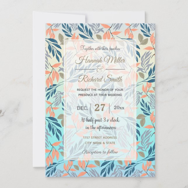 Cute Ombre Blue Orange Foliage Watercolor Paint Invitation (Front)