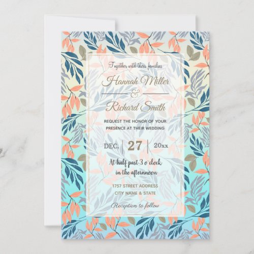 Cute Ombre Blue Orange Foliage Watercolor Paint Invitation